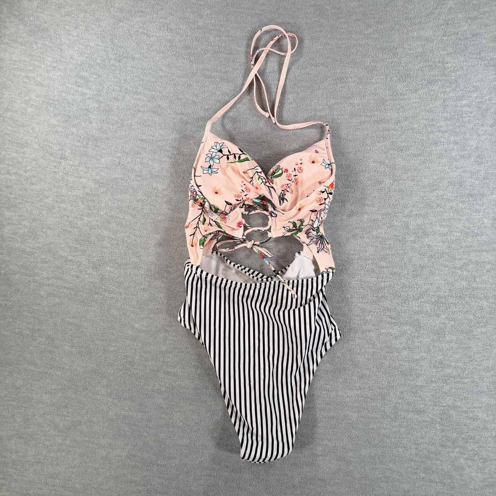 Cupshe M Floral Twist Cut Out Bathing Suit Swim Pink Corset Back Striped - Picture 4 of 8
